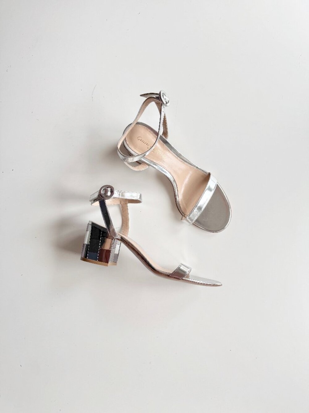 GIANVITO ROSSI Silver Leather Mirrored Block Heel Wraparound Sandals, Size 40